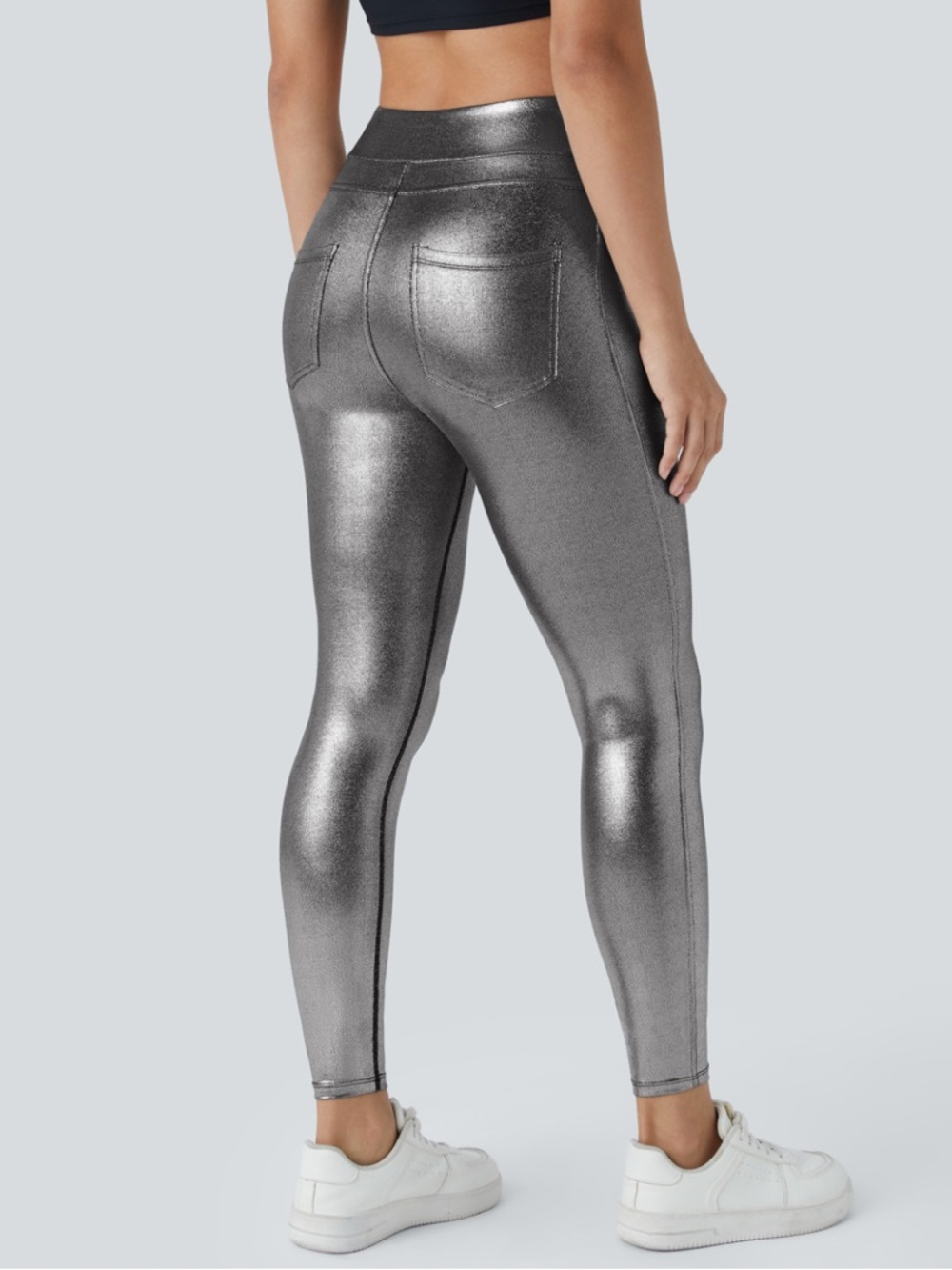 Halara Softly Zero Metallic Faux Leather Leggings High Waisted Pocket sporty gym